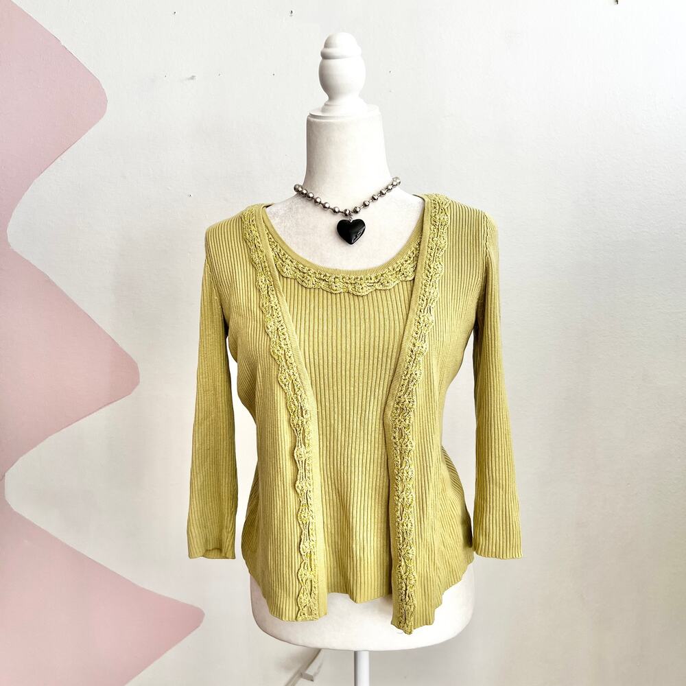 Vintage Green Lace Cardigan 2-Fer Y2K 2000s Fairycore Boho 90s Small